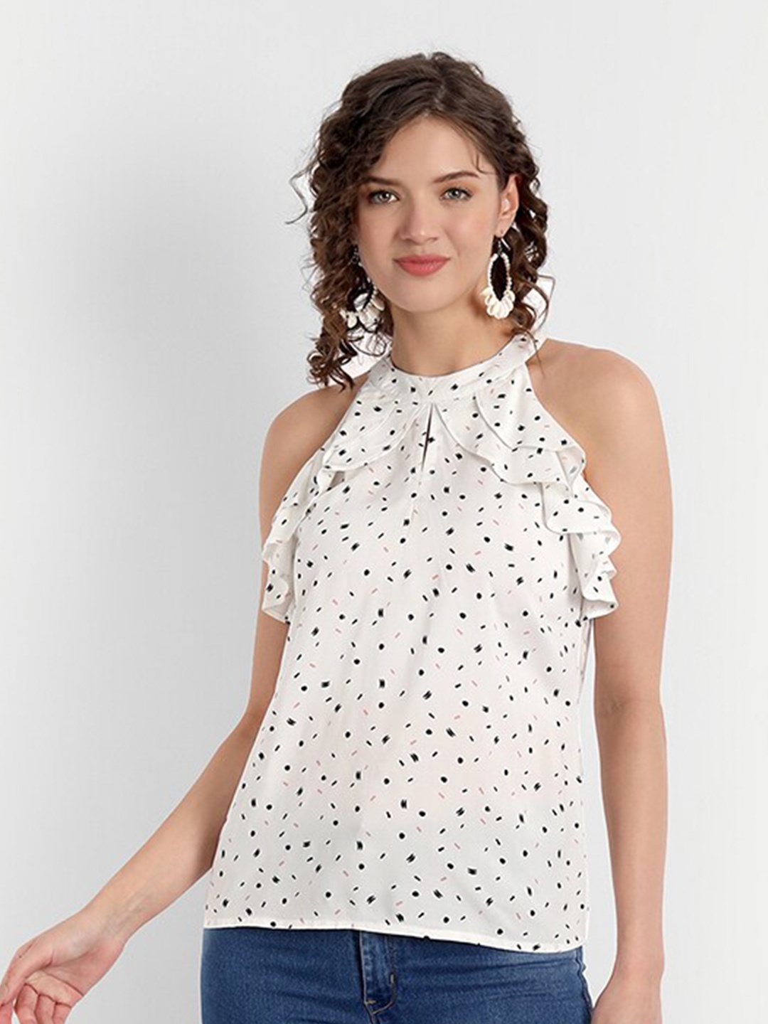 

PARASSIO CLOTHINGS Women White Geometric Print Halter Neck Top