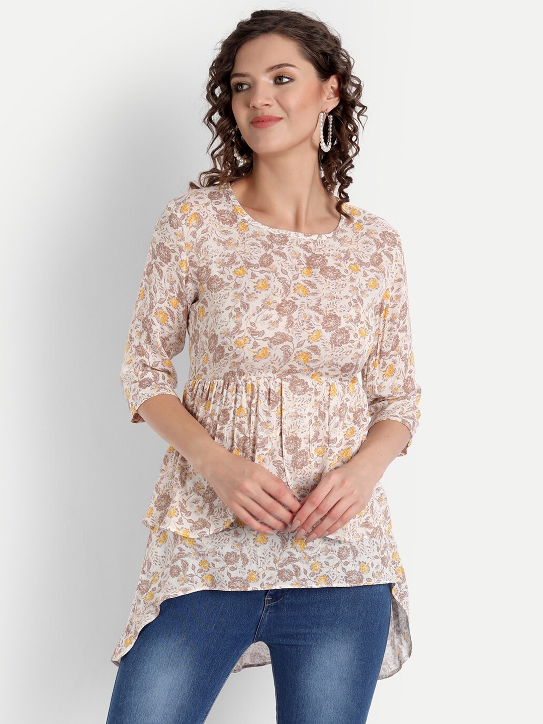 

PARASSIO CLOTHINGS Cream-Coloured Floral Print High-Low Top