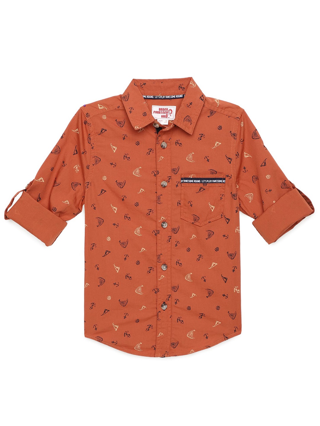 

UNDER FOURTEEN ONLY Boys Orange Printed Cotton Casual Shirt