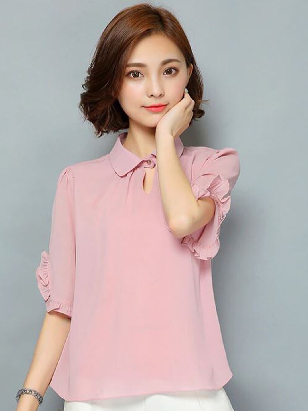 

La Aimee Solid Flutter Sleeve Regular Top, Pink