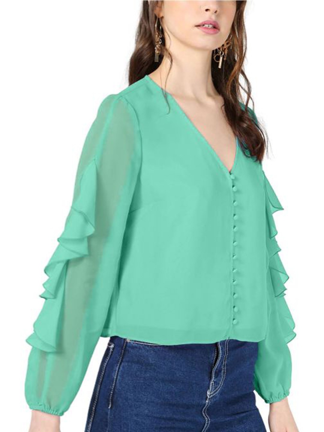 

La Aimee Solid Puff Sleeve Regular Top, Green