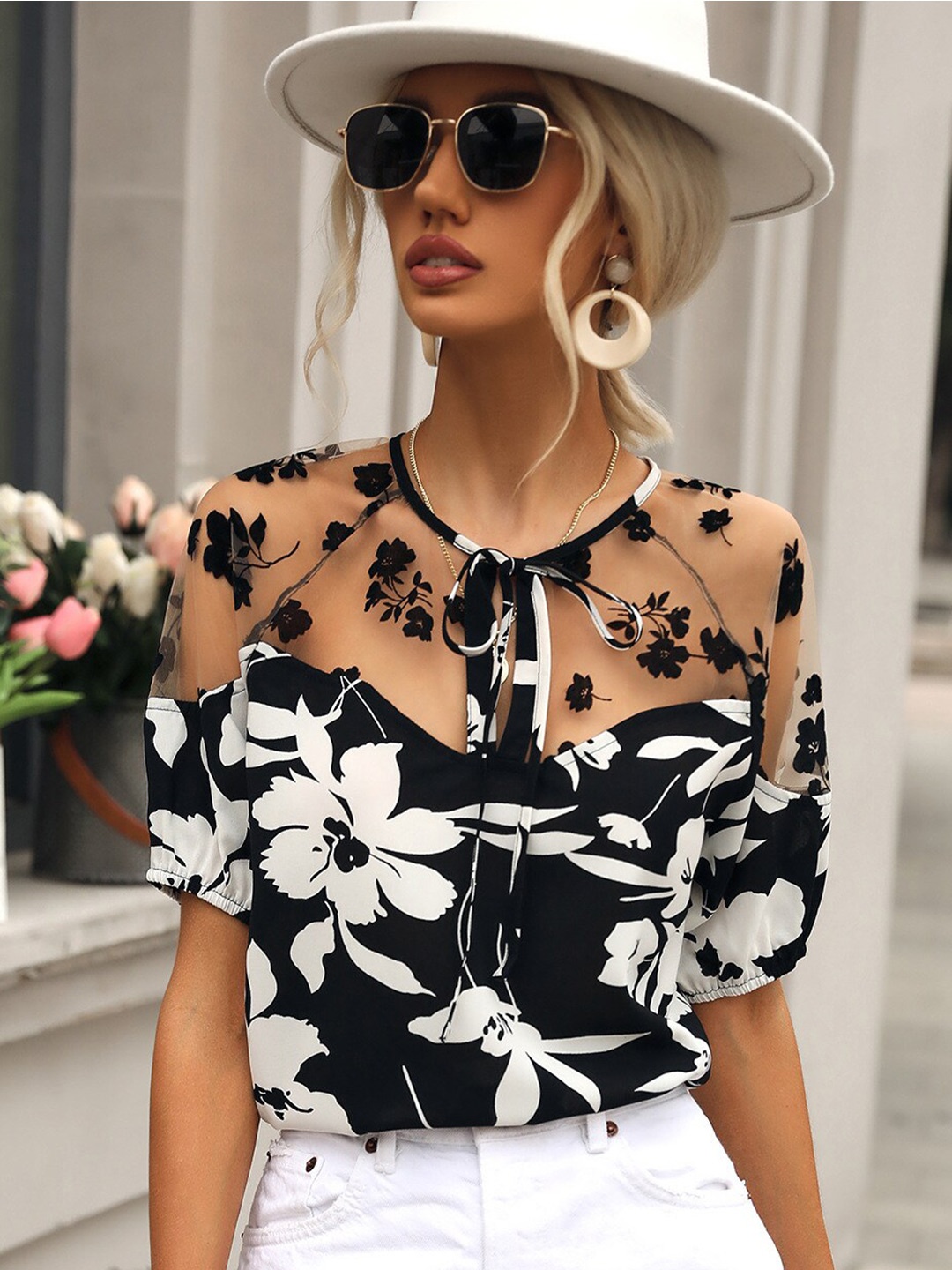 

La Aimee Black & White Floral Printed Tie-Up Neck Top