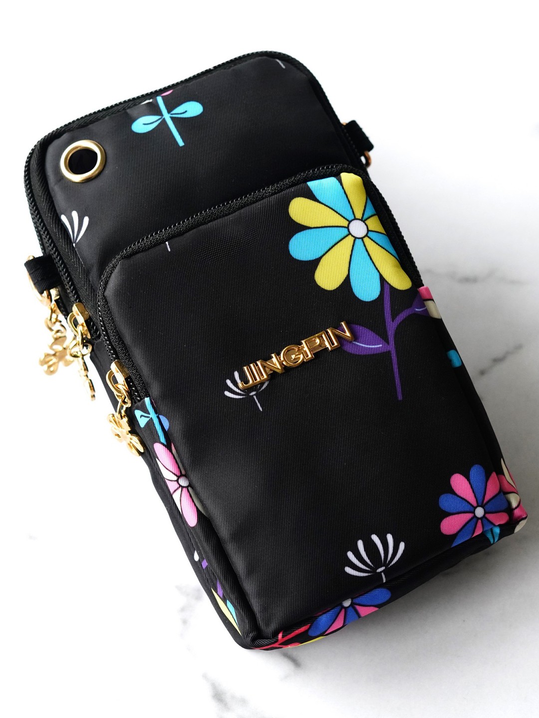 

Diva Dale Women Black Floral Printed Structured Phone Holder Sling Bag