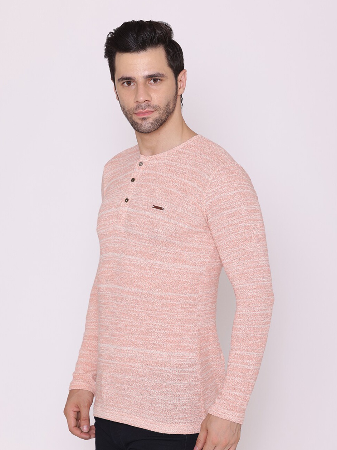 

FLAWLESS Men Peach-Coloured & White Henley Neck T-shirt
