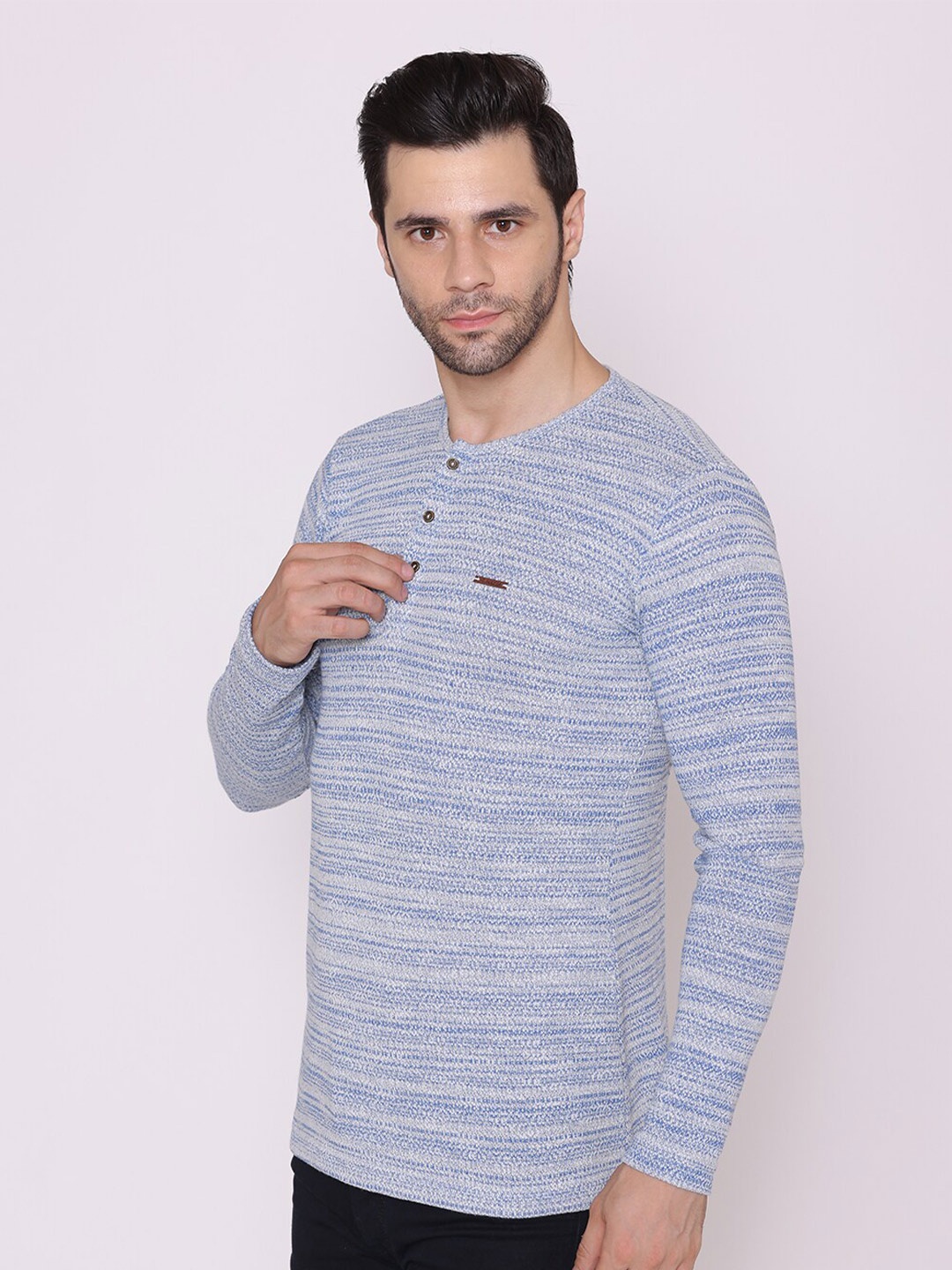 

FLAWLESS Men Blue Self Design Henley Neck Cotton T-shirt