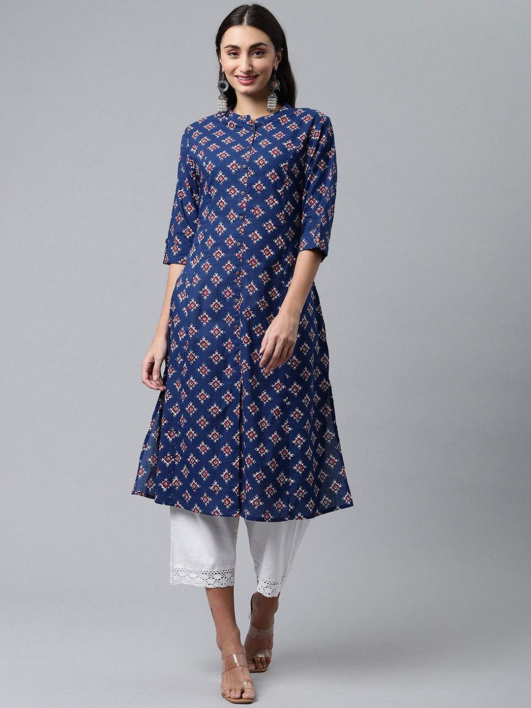 

HERE&NOW Ethnic Motifs Cotton Printed Kurta, Navy blue