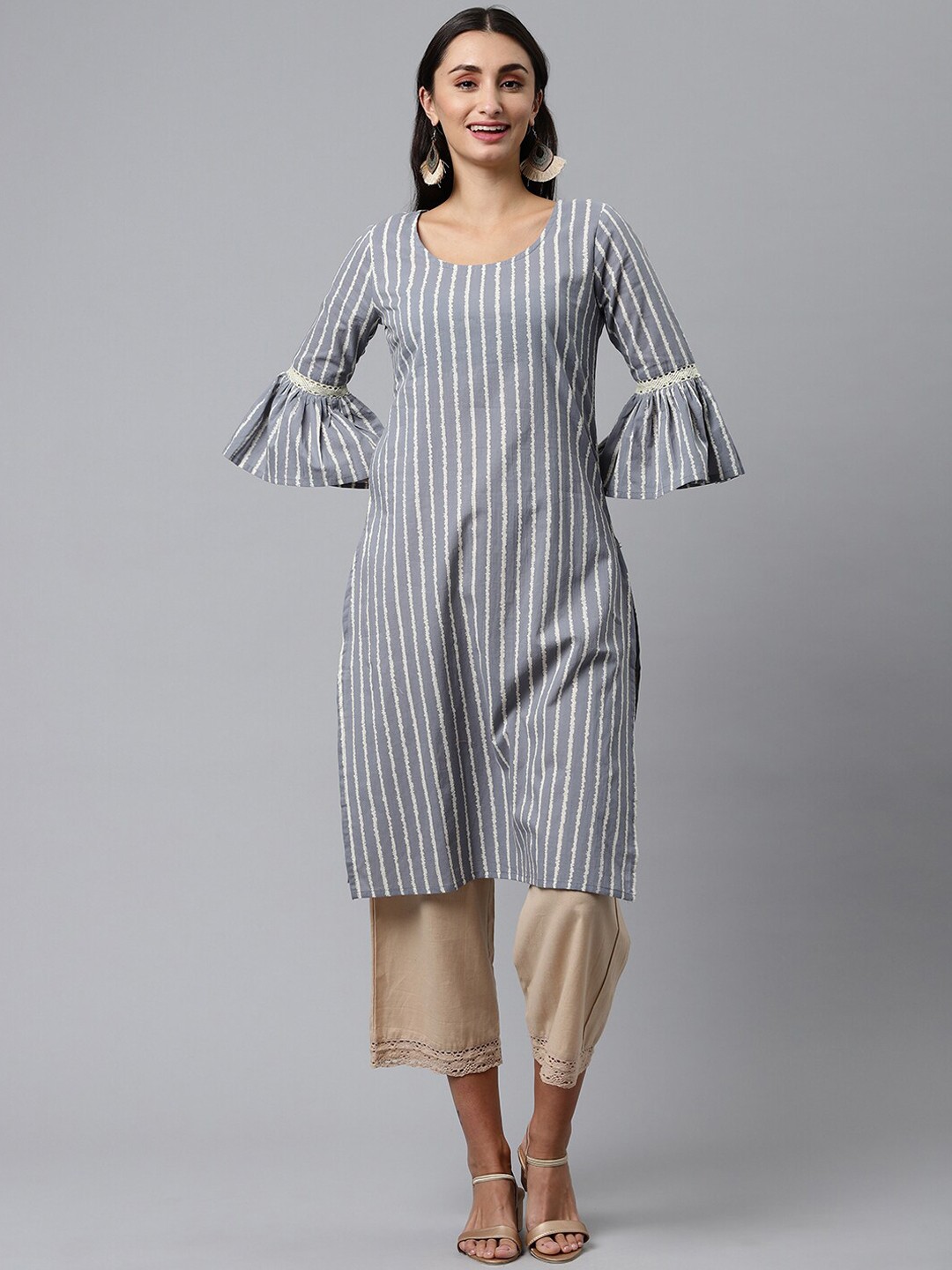 

HERE&NOW Striped Bell Sleeves A-Line Cotton Kurta, Grey