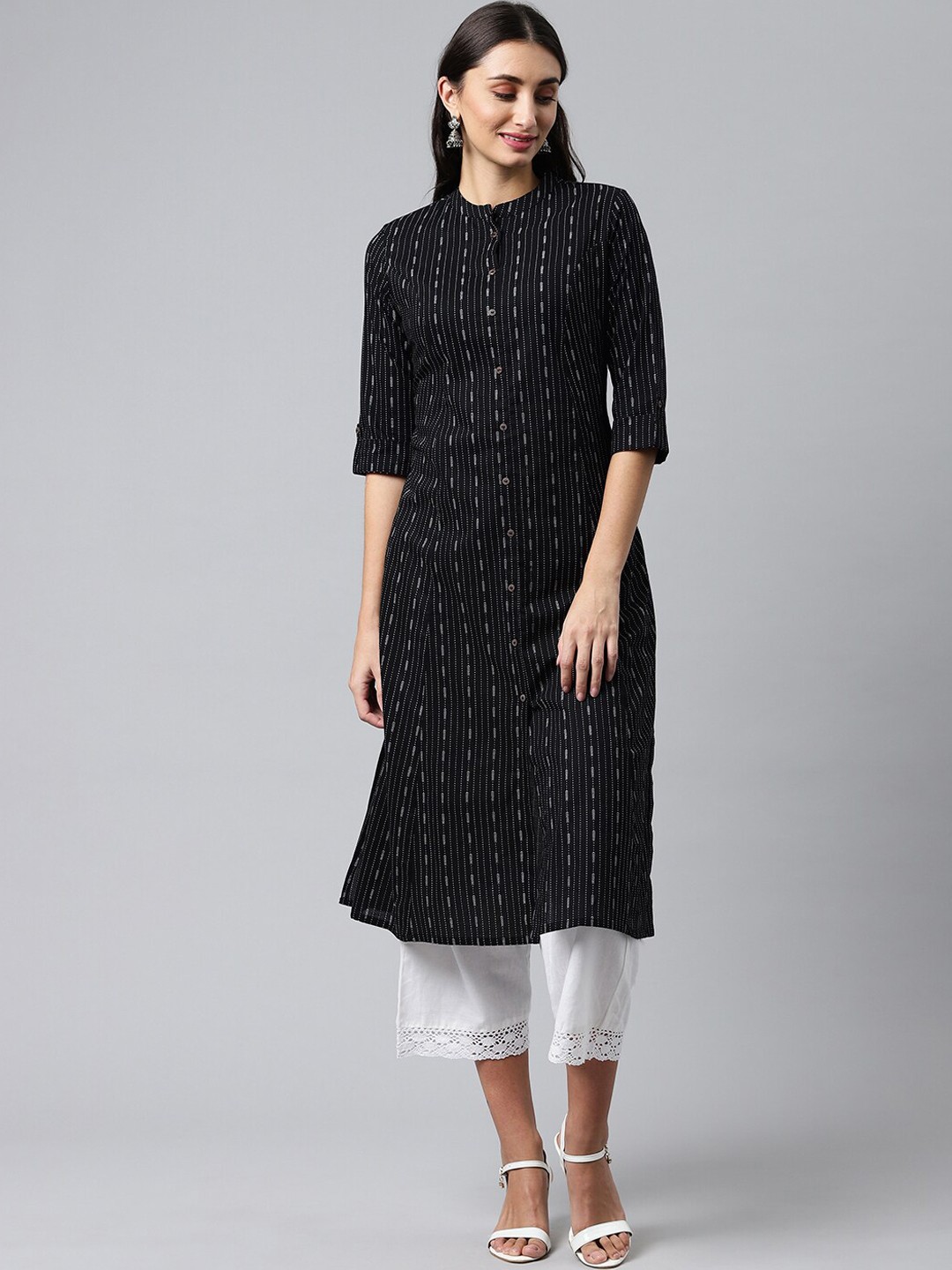 

HERE&NOW Mandarin Collar Striped A-Line Regular Cotton Kurta, Black