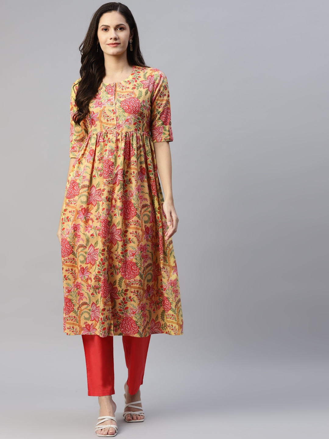 

HERE&NOW Floral Printed Cotton Anarkali Kurta, Mustard