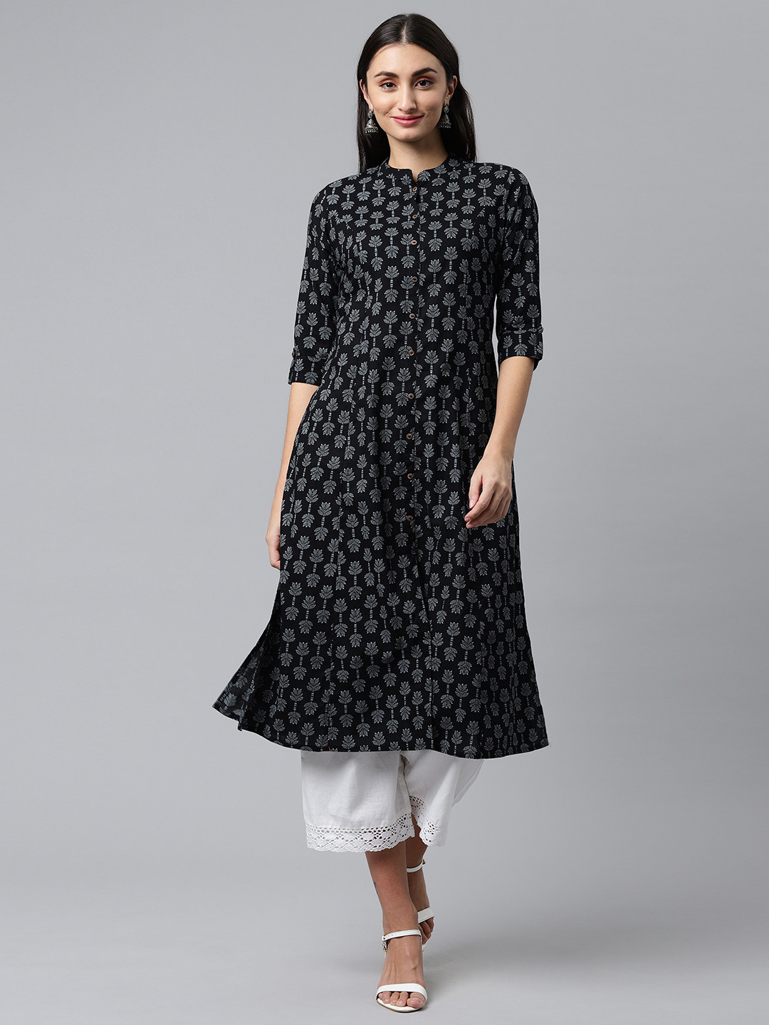 

HERE&NOW Ethnic Motifs Printed Cotton Kurta, Black