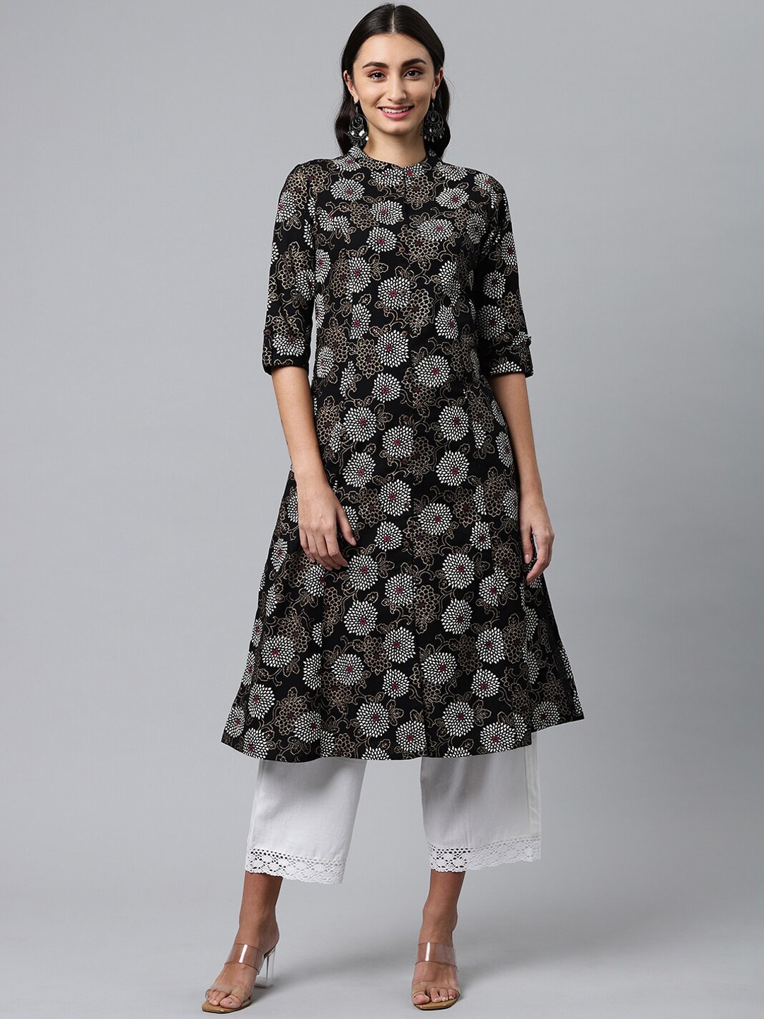 

HERE&NOW Mandarin Collar Floral Printed Cotton Kurta, Black