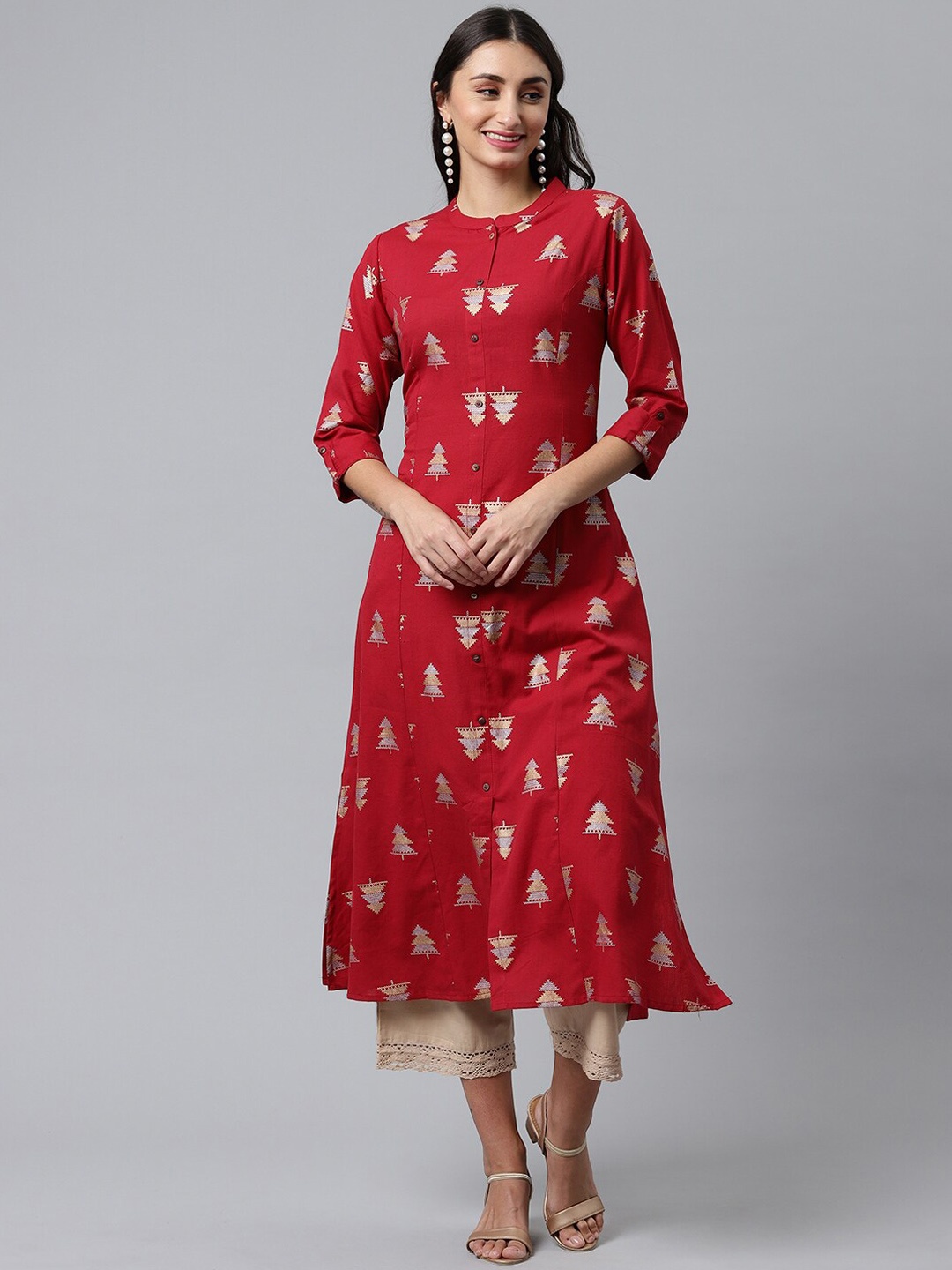 

HERE&NOW Ethnic Motifs Printed Cotton Kurta, Red