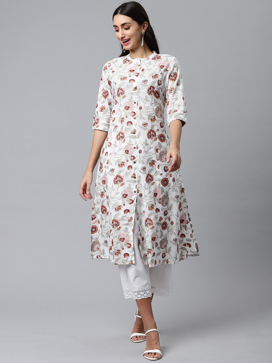 

HERE&NOW Floral Printed Cotton Kurta, Off white