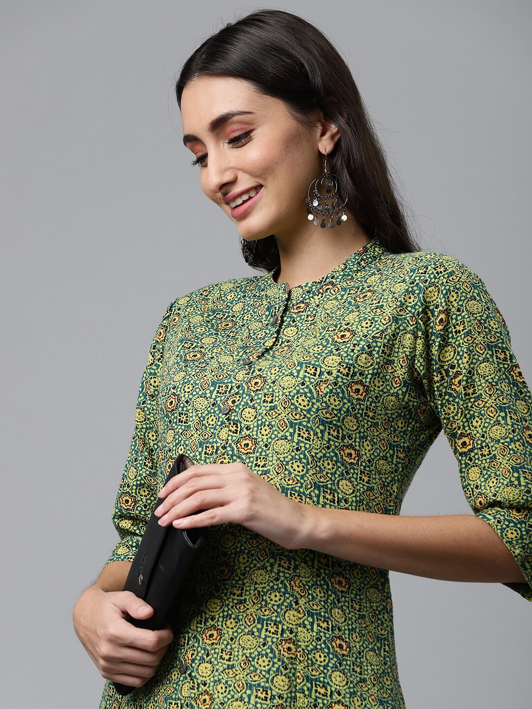 

HERE&NOW Women Green Geometric Printed Kurta
