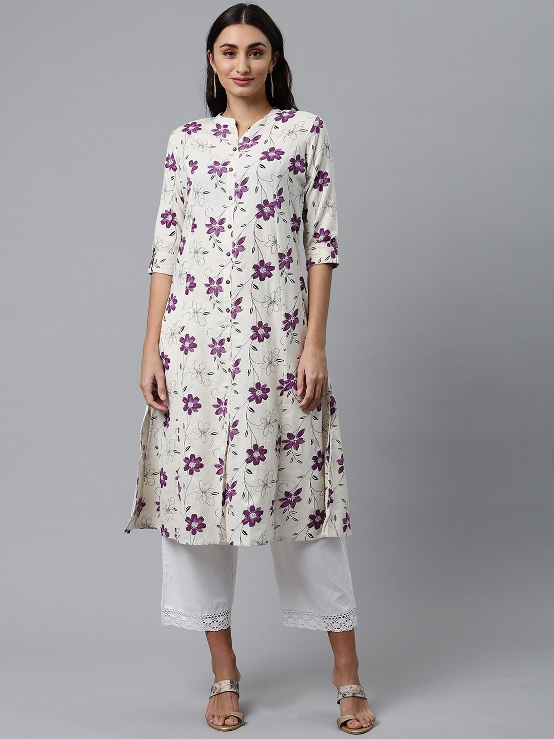 

HERE&NOW Band Collar Floral Printed Cotton Kurta, White