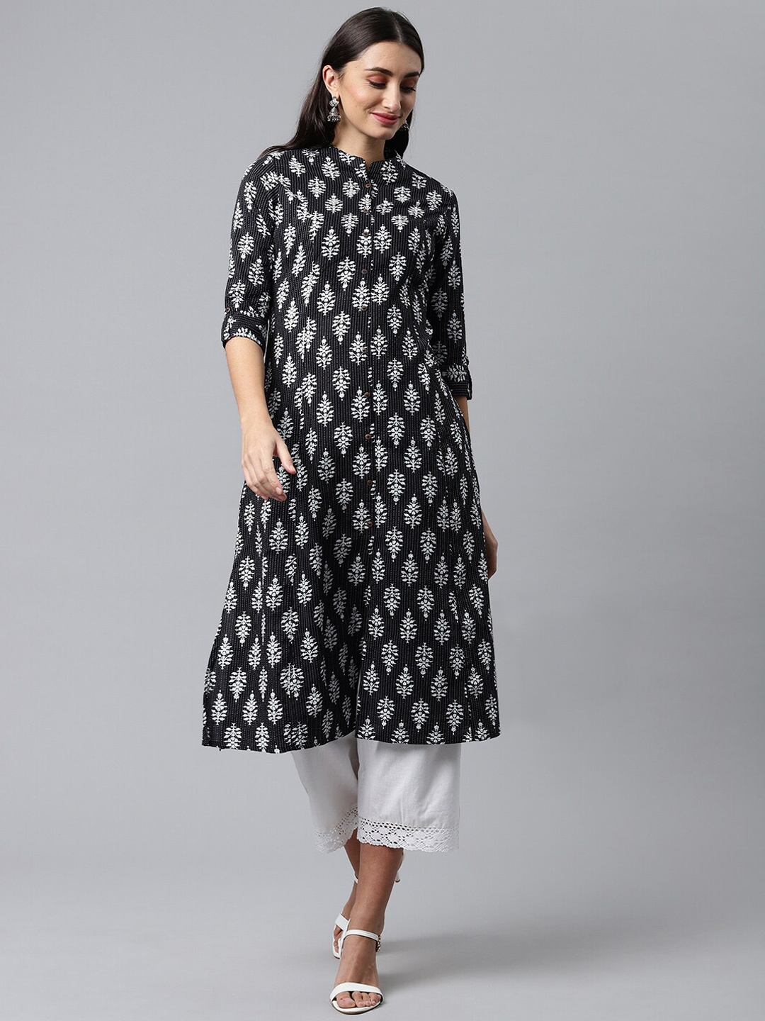 

HERE&NOW Ethnic Motifs Printed Cotton Kurta, Black