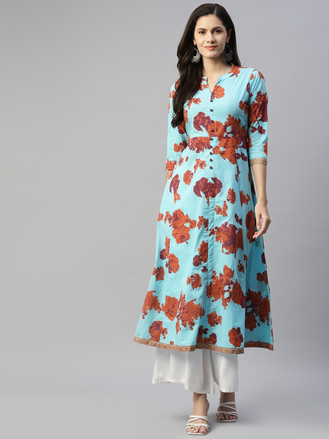 

HERE&NOW Women Blue & Brown Floral Printed Keyhole Neck Kurta