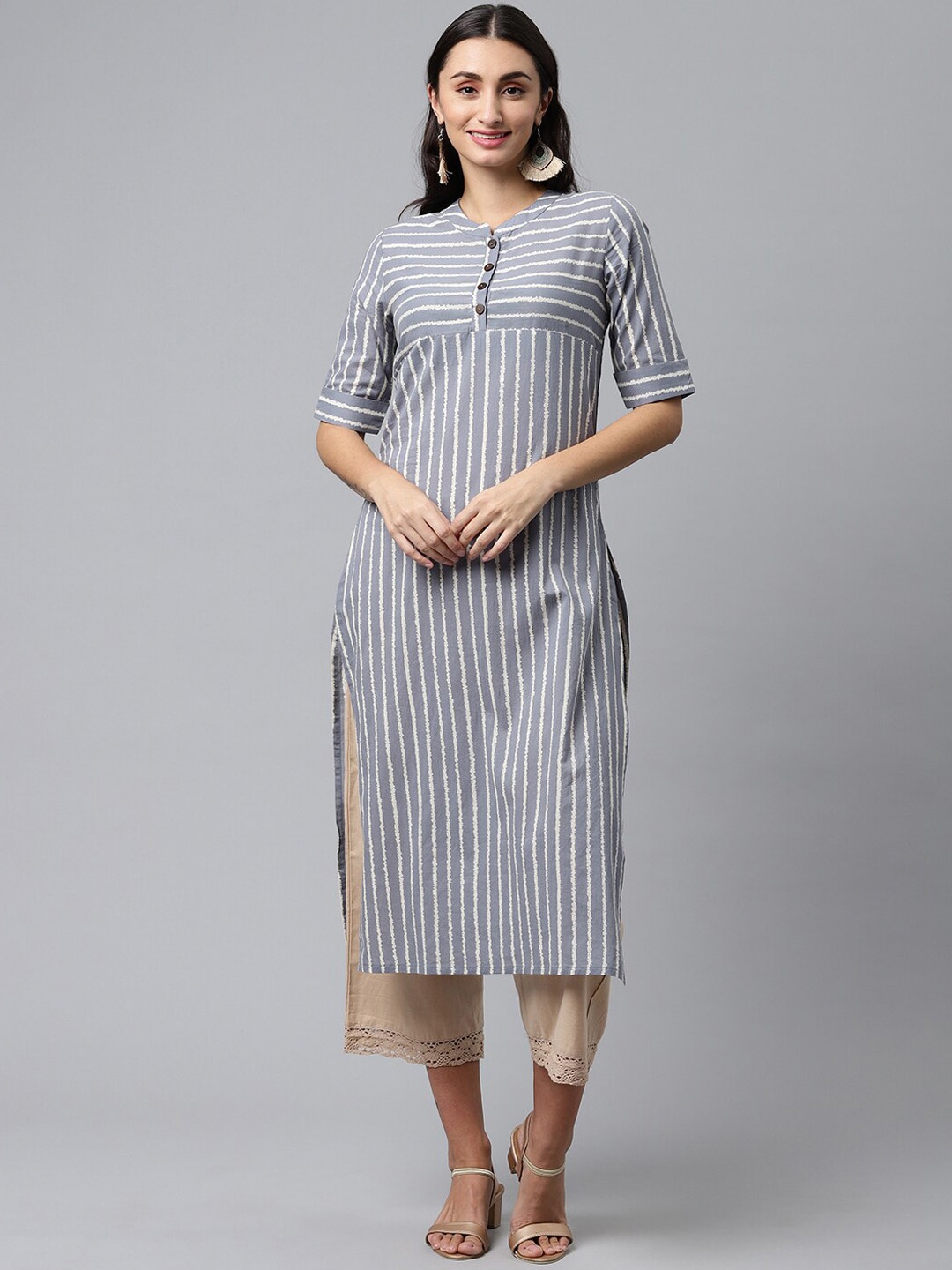 

HERE&NOW Striped Round Neck Straight Cotton Kurta, Grey