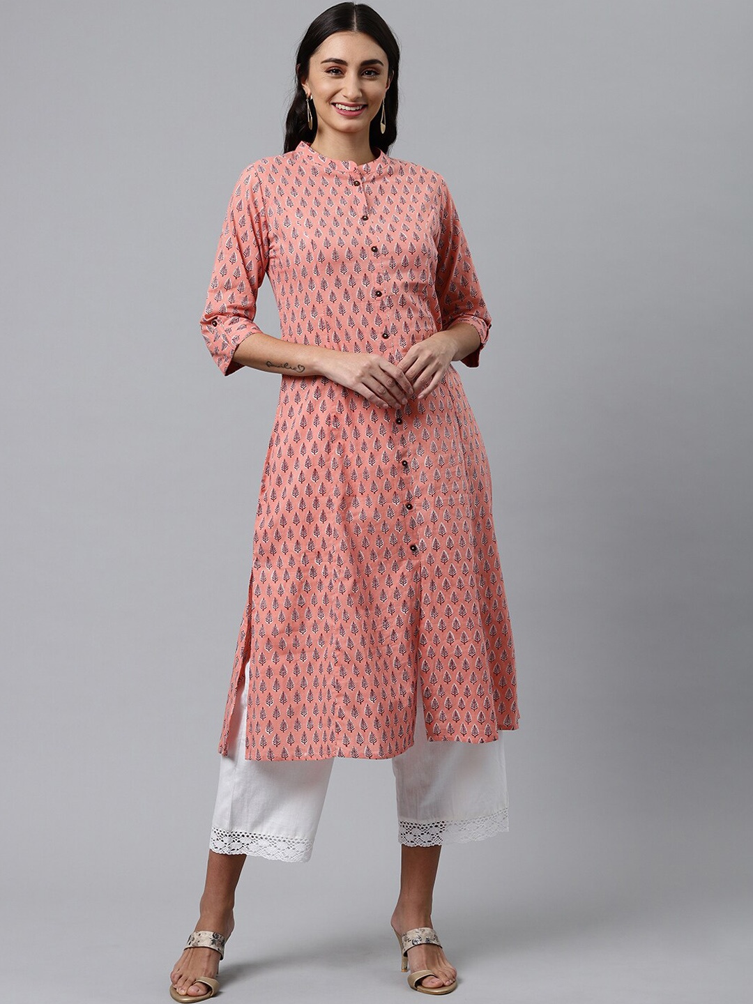 

HERE&NOW Ethnic Motifs Printed Cotton Kurta, Pink