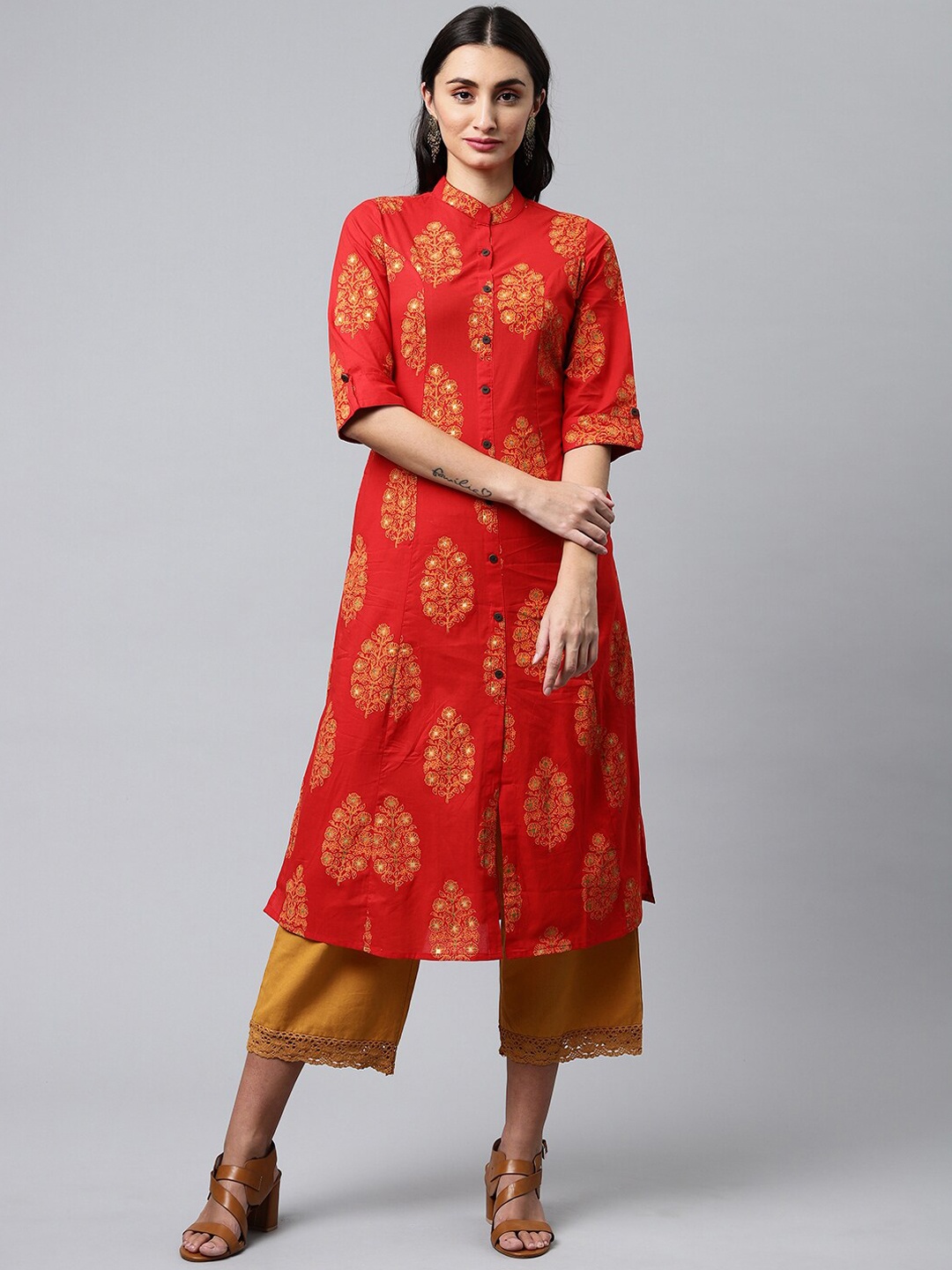 

HERE&NOW Mandarin Collar Ethnic Motifs Printed Roll Up Sleeves A-Line Cotton Kurta, Red