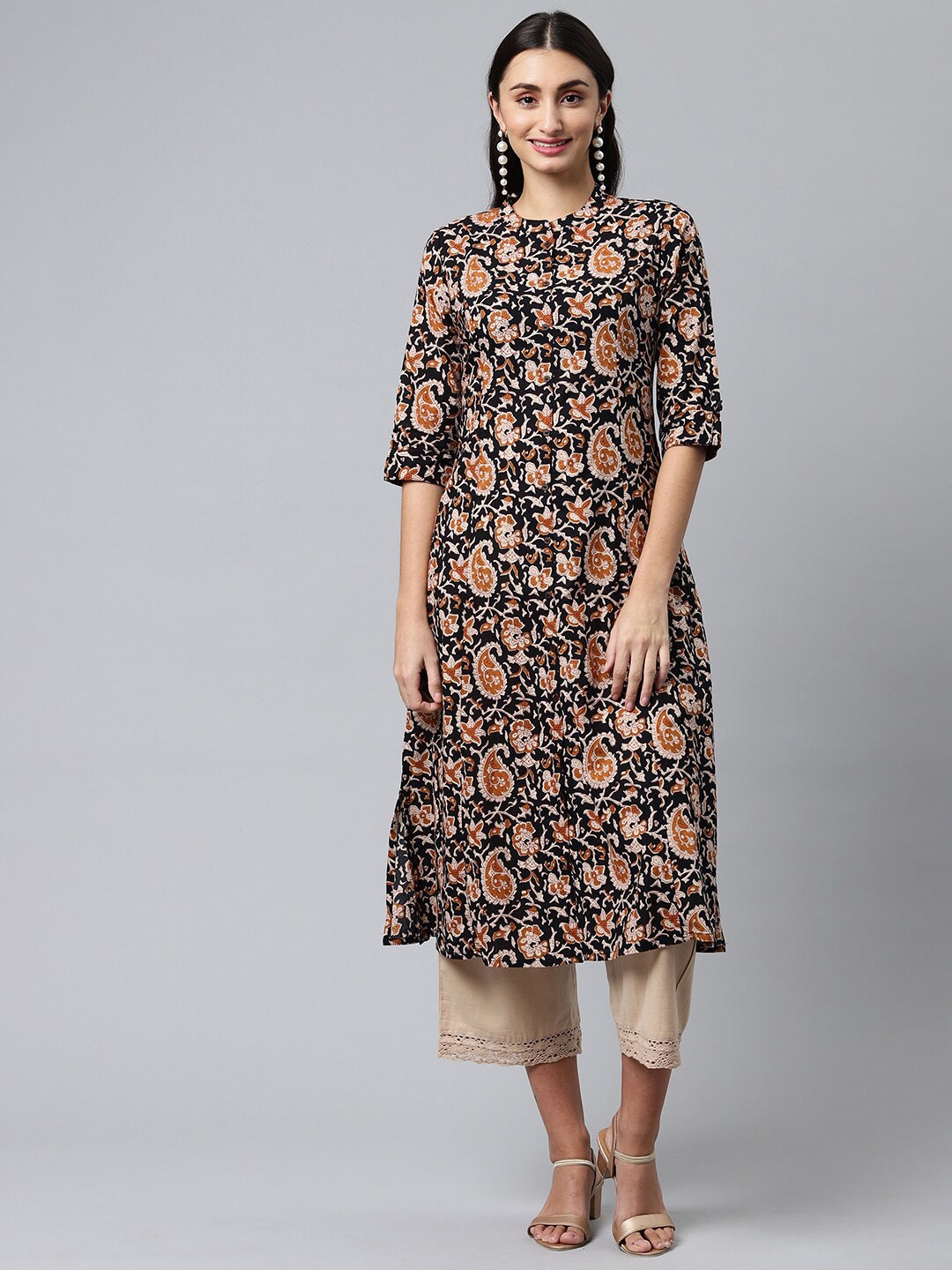 

HERE&NOW Paisley Printed Cotton A-Line Kurta, Brown