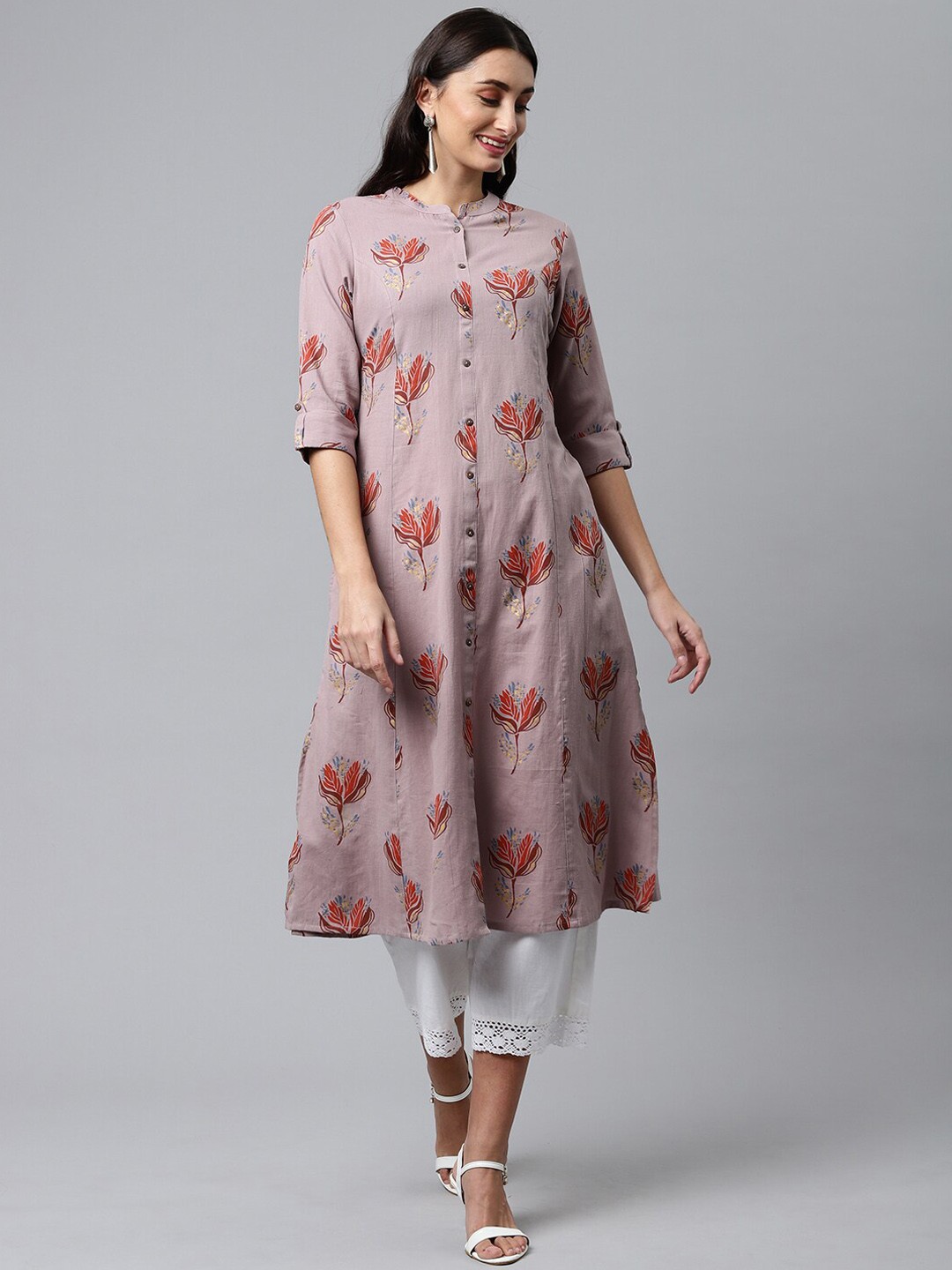 

HERE&NOW Floral Printed A-Line Kurta, Mauve