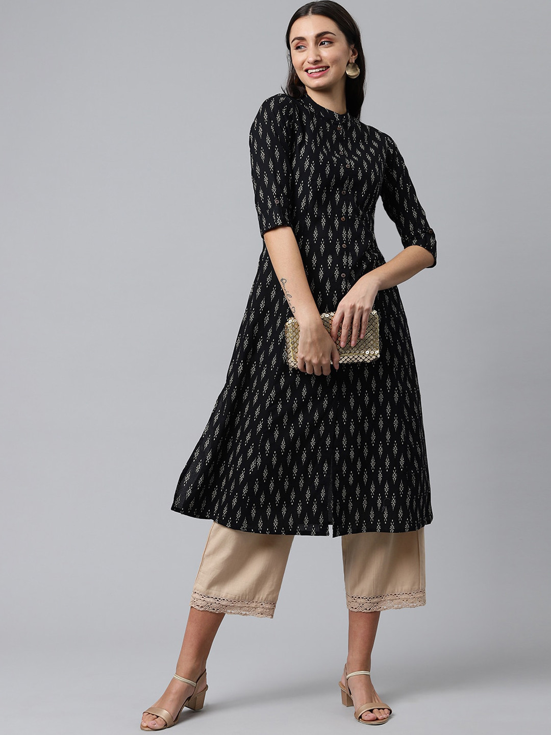 

HERE&NOW Mandarin Collar Ethnic Motifs Printed A-Line Cotton Kurta, Black