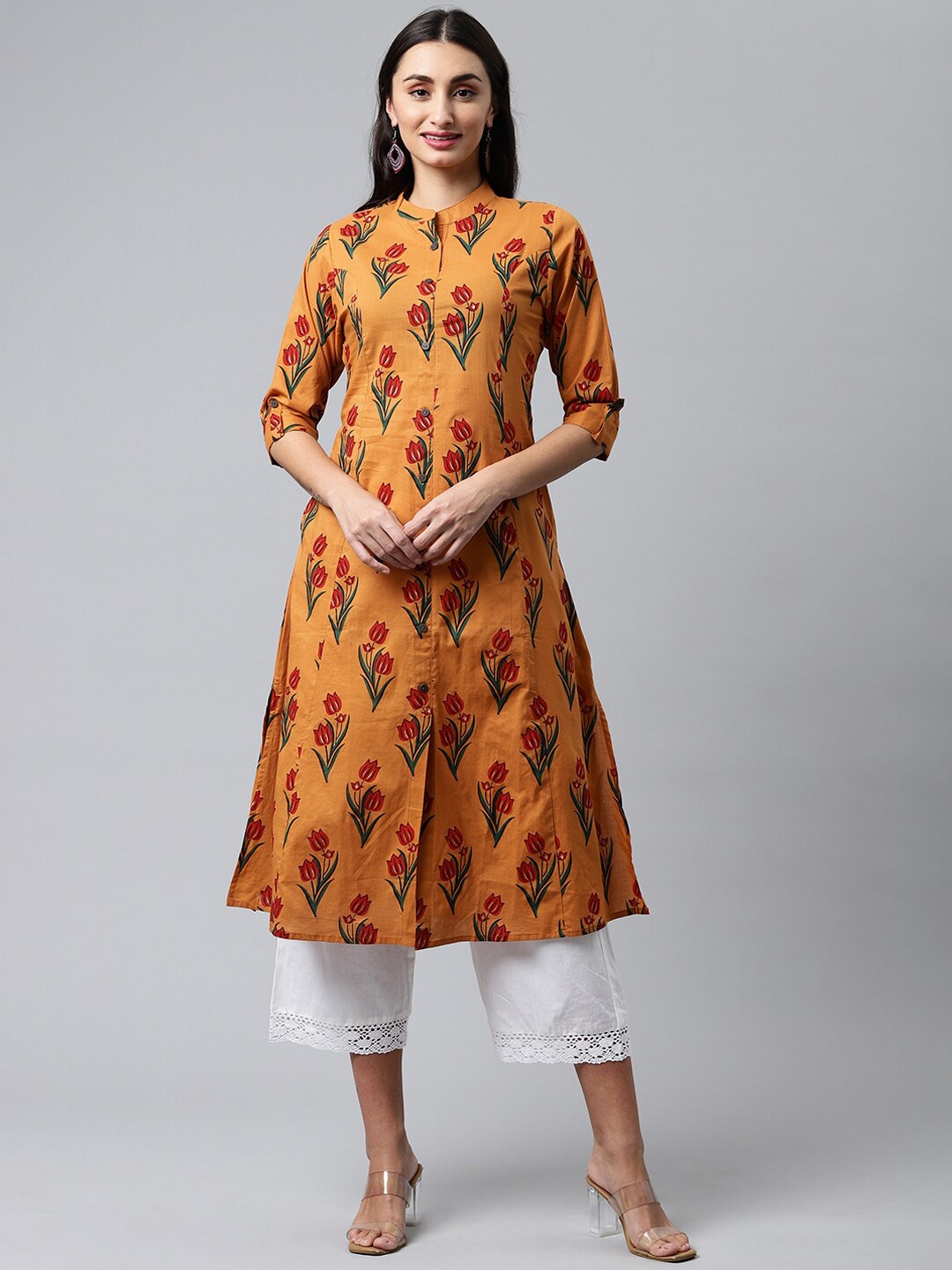 

HERE&NOW Ethnic Motifs Printed Cotton A-Line Kurta, Orange