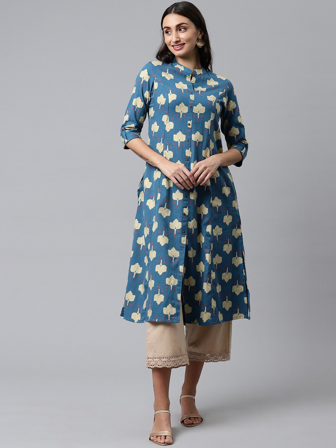 

HERE&NOW Women Blue & Beige Ethnic Motifs Printed A-Line Kurta