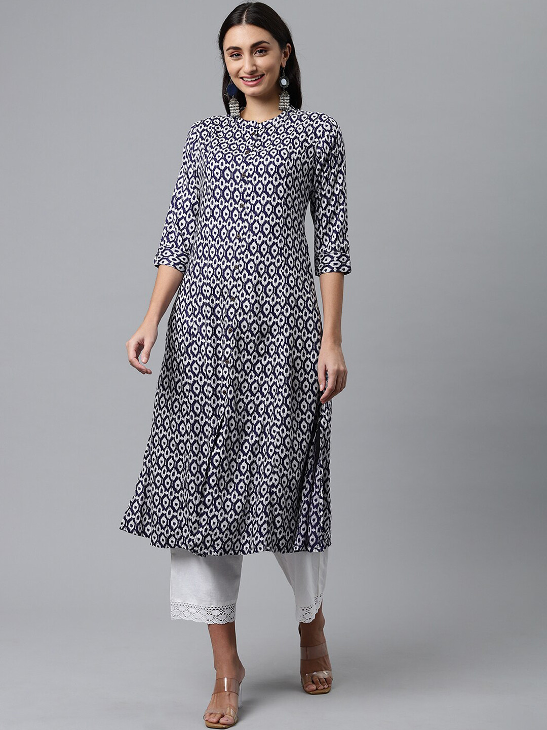 

HERE&NOW Geometric Printed A-Line Kurta, Navy blue