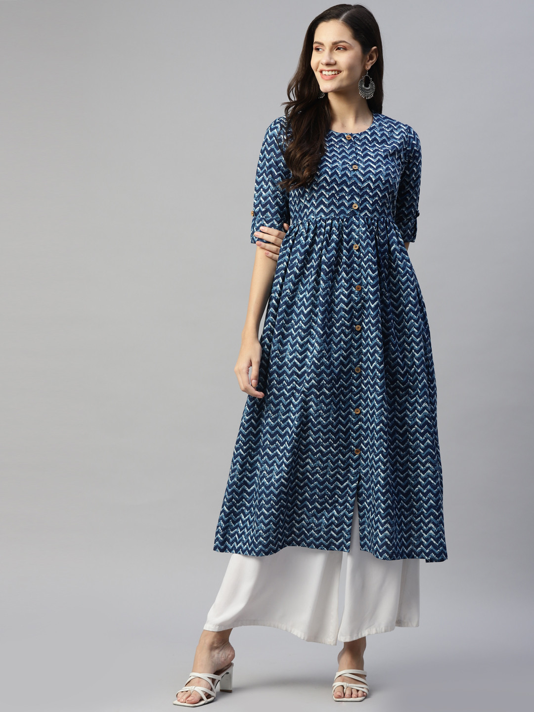 

HERE&NOW Women Blue Geometric Printed Anarkali Kurta