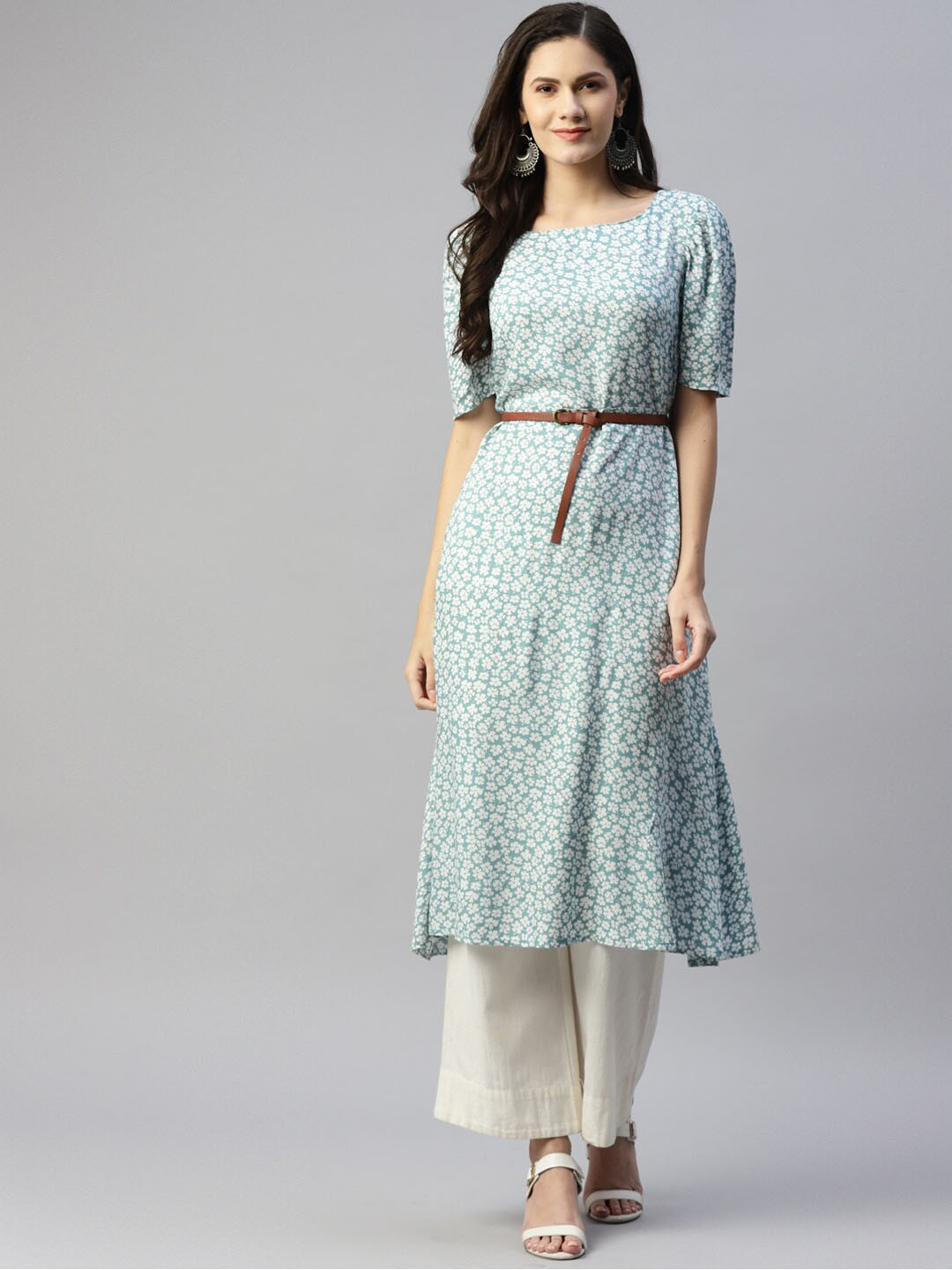

HERE&NOW Women Green Geometric Printed Anarkali Kurta
