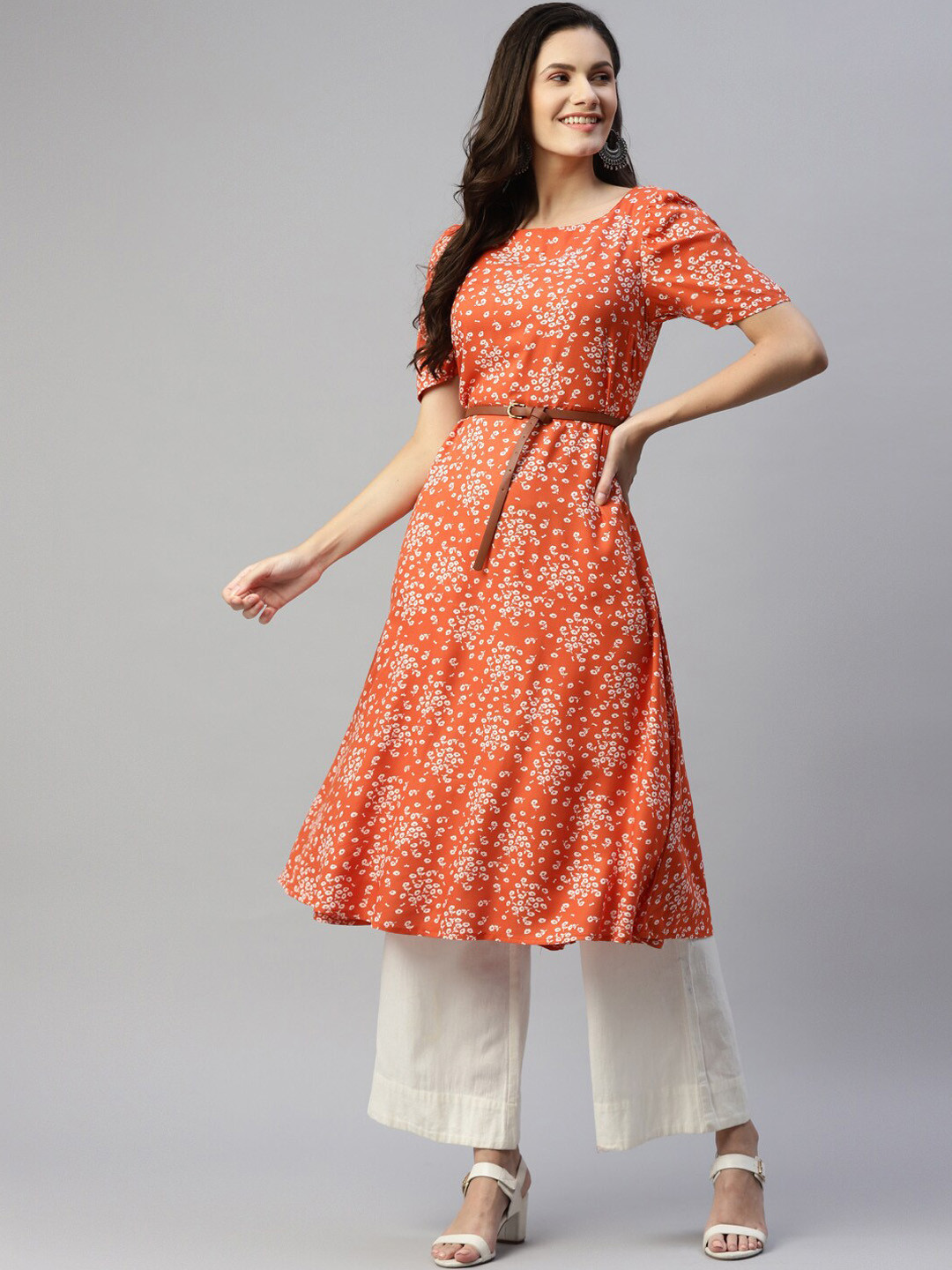 

HERE&NOW Women Orange Ethnic Motifs Printed Anarkali Kurta