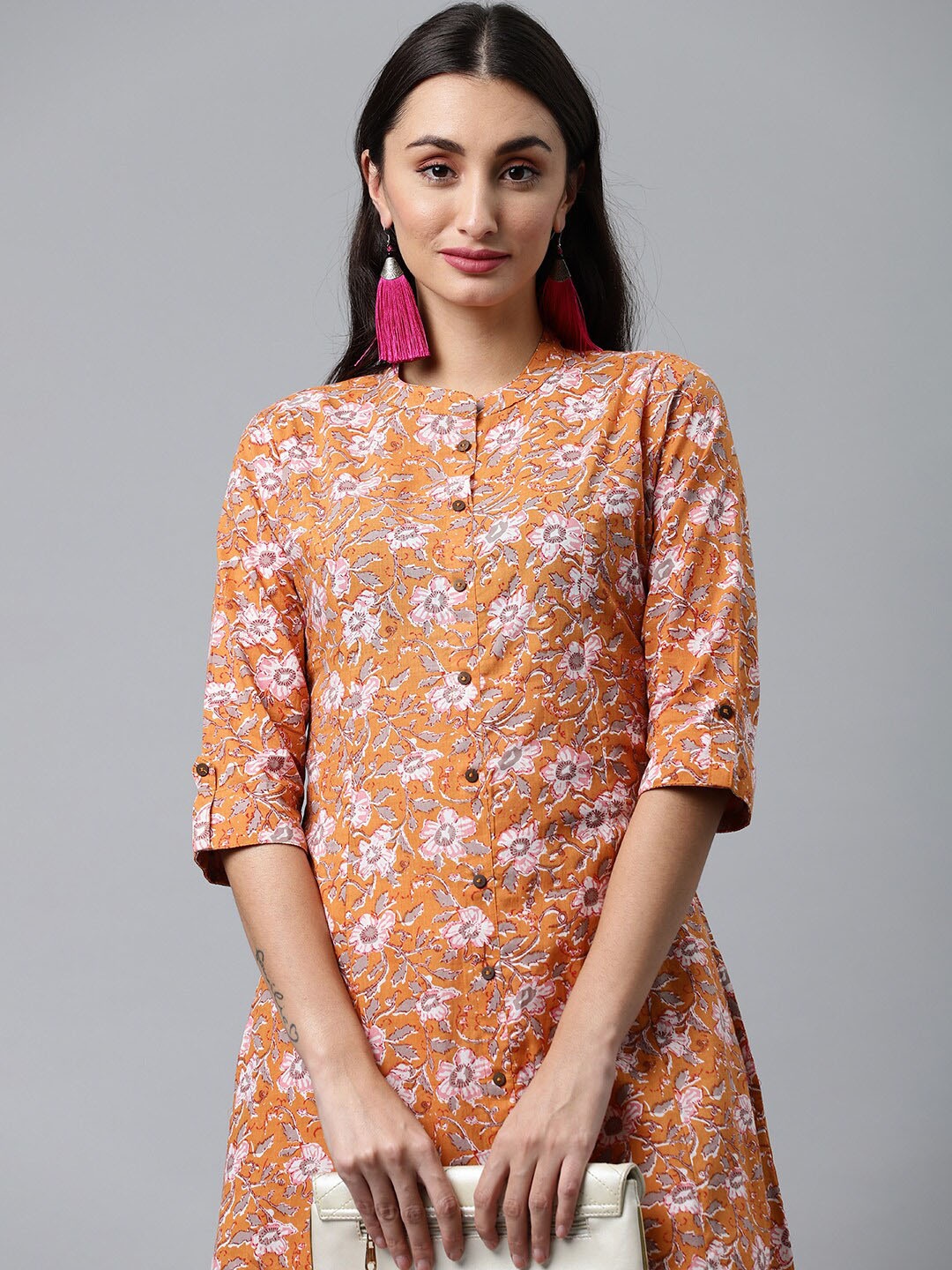 

HERE&NOW Band Collar Floral Printed Cotton Kurta, Orange