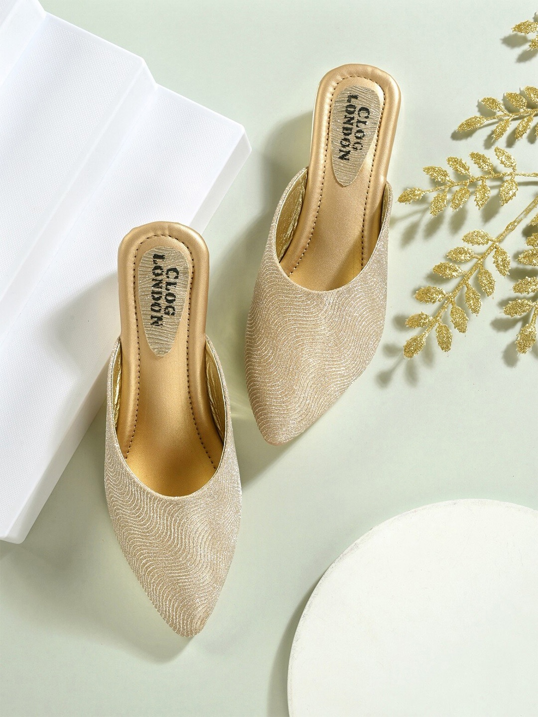 

CLOG LONDON Women Gold-Toned Embellished Party Mules Flats