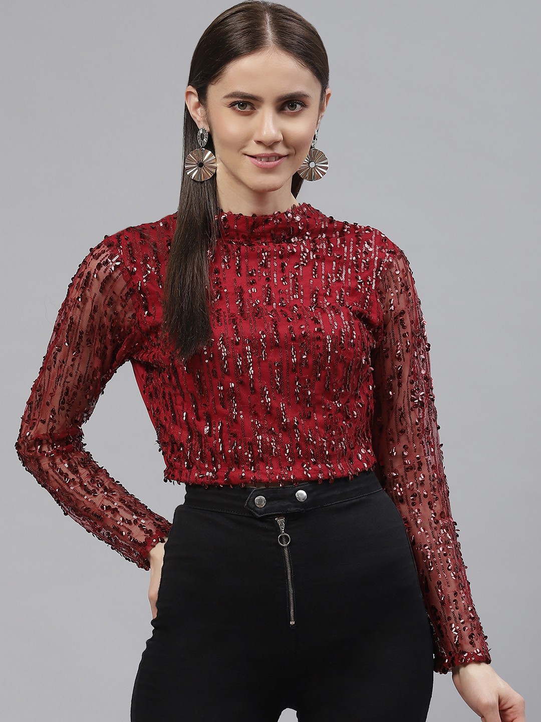 

plusS Women Red Poly Georgette Sequined Crop Top