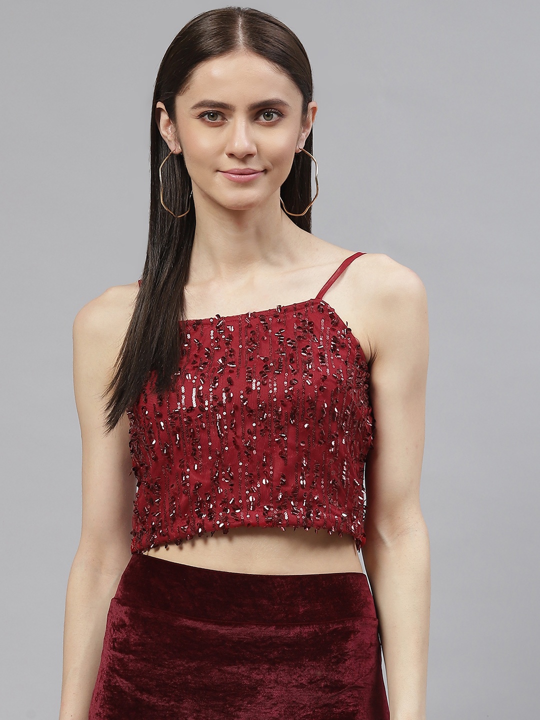 

plusS Women Red Poly Georgette Sequined Crop Top