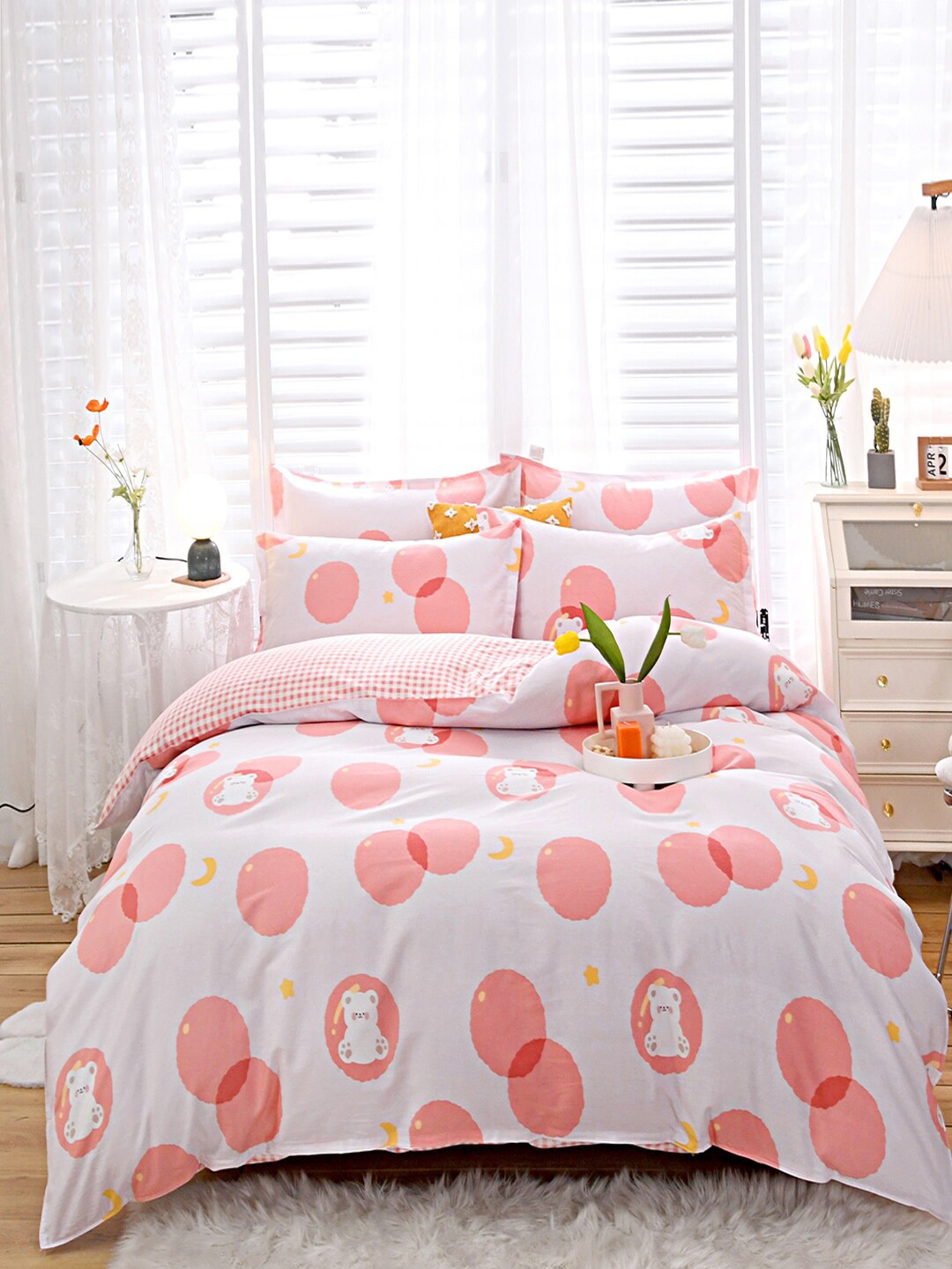 

JC Collection Pink & White Printed Pure Cotton Double Queen Bedding Set