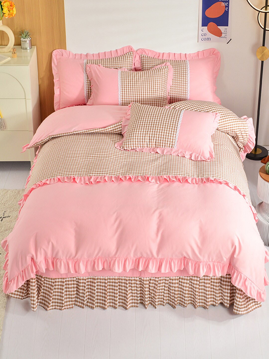 

JC Collection Pink & Brown Checked Polycotton Double King Bedding Set