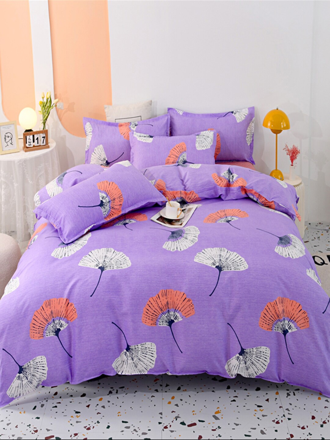 

JC Collection Purple & White Printed Polycotton Double Queen Bedding Set