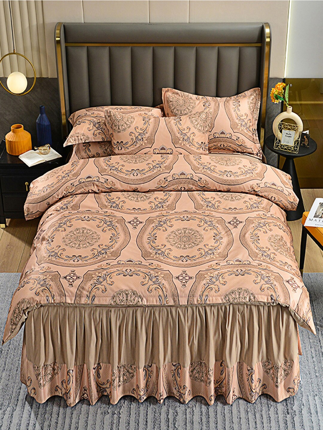 

JC Collection Peach & Brown Printed Double Queen Bedding Set