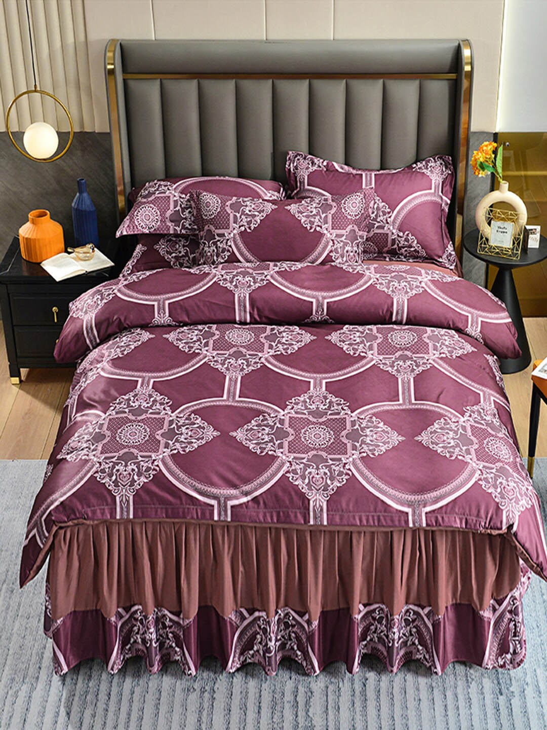 

JC Collection Purple & White Printed Double Queen Bedding Set