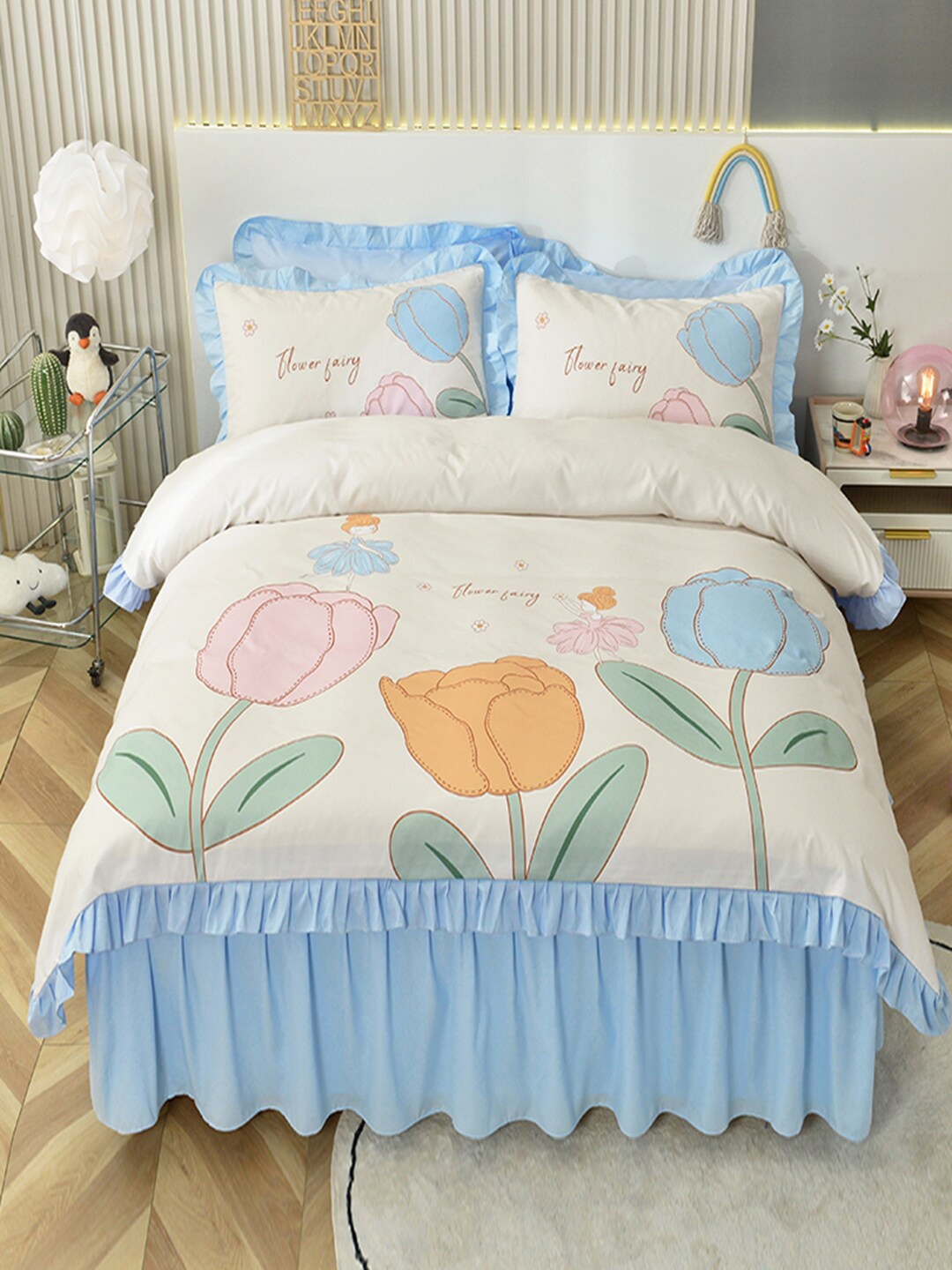

JC Collection Blue & White Floral Printed Polycotton Double King Bedding Set