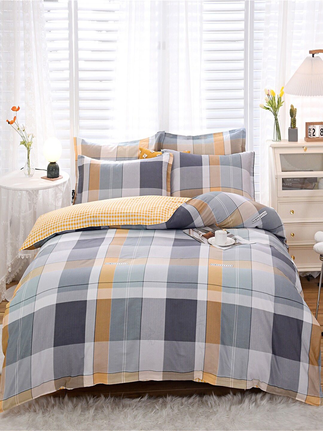 

JC Collection White & Yellow Checked Pure Cotton Double Queen Bedding Set