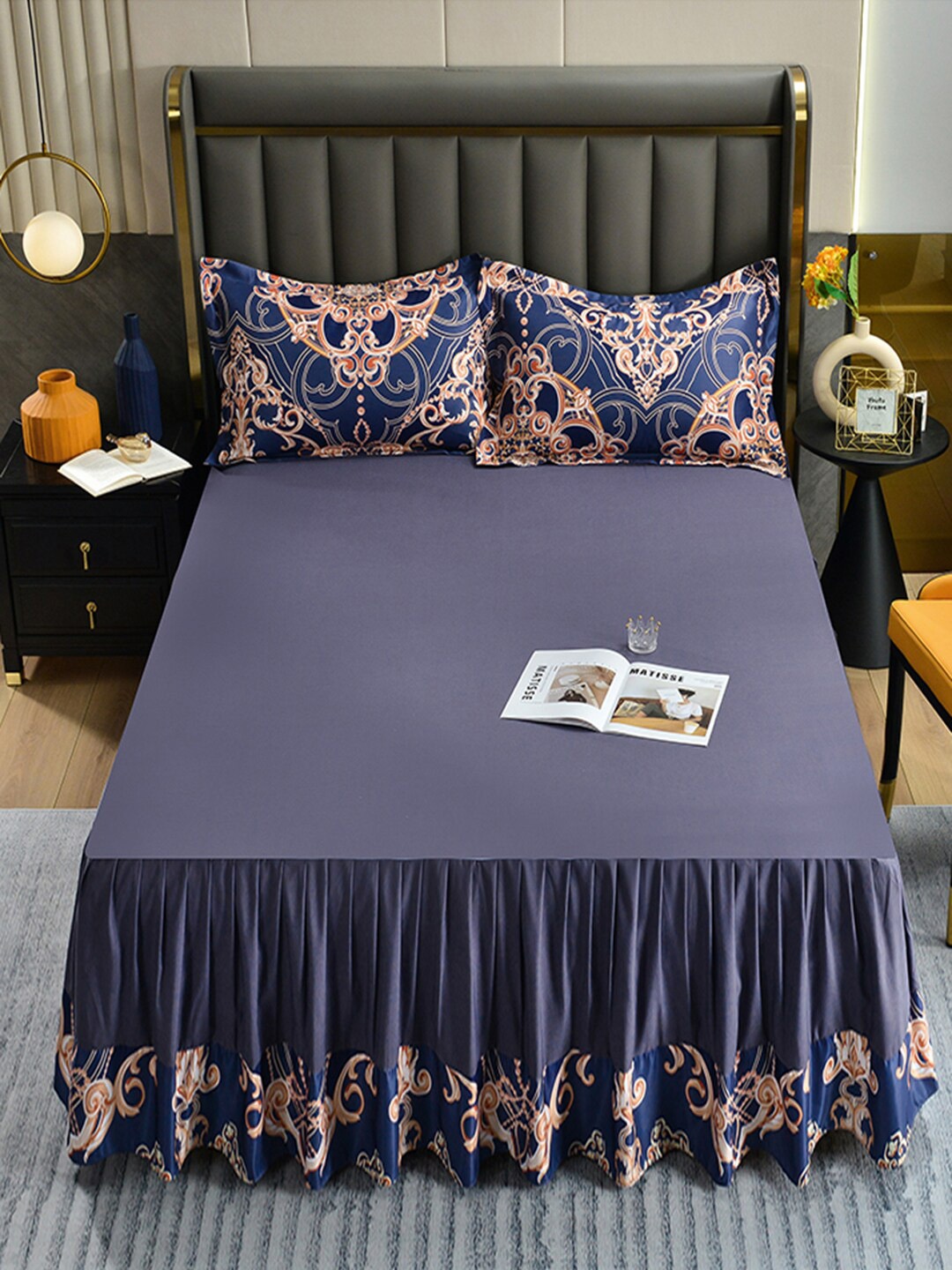 

JC Collection Navy Blue Printed Double Queen Bedding Set With Comforter