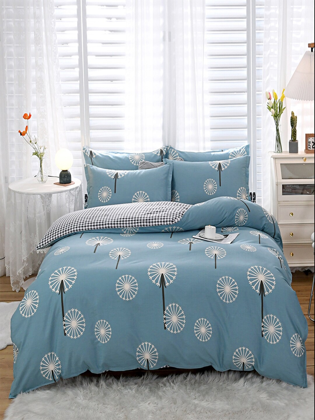 

JC HOME White & Black Checked Pure Cotton Double Queen Bedding Set