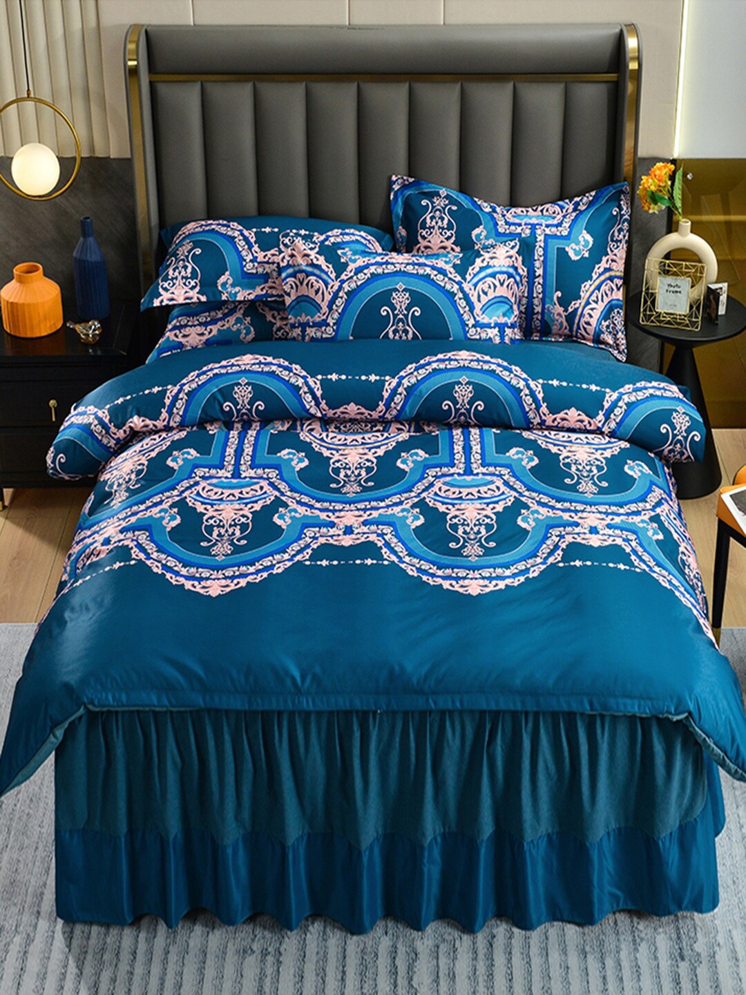 

JC Collection Teal Blue Printed Double Queen Bedding Set With Comforter