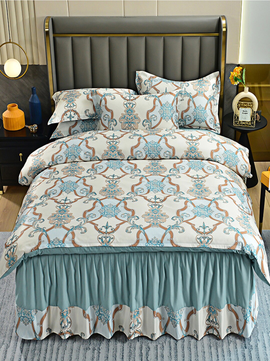 

JC Collection Turquoise Blue Printed Double Queen Bedding Set With Comforter