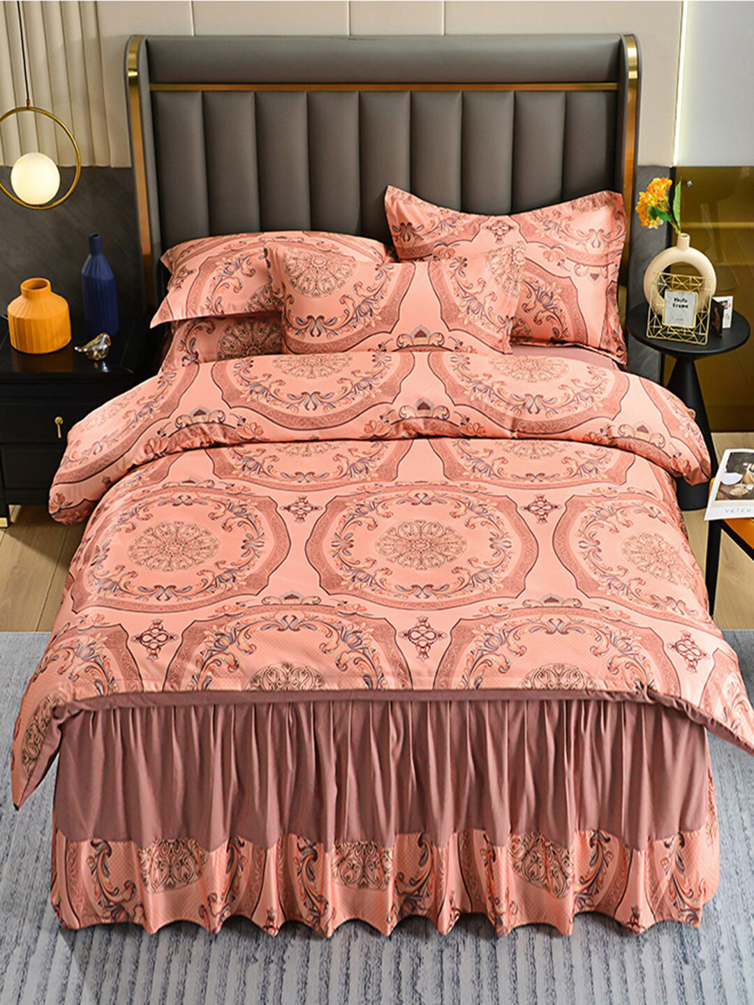 

JC Collection Peach Coloured Printed Double Queen Bedding Set With Comforter