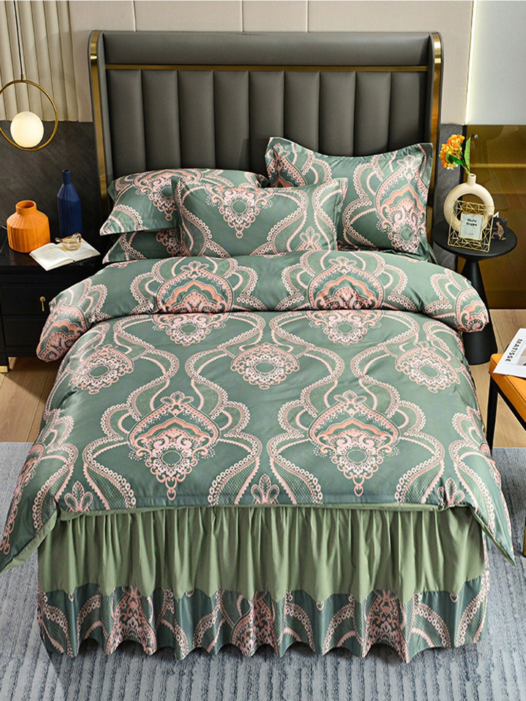 

JC Collection Green & Peach Printed Double Queen Bedding Set